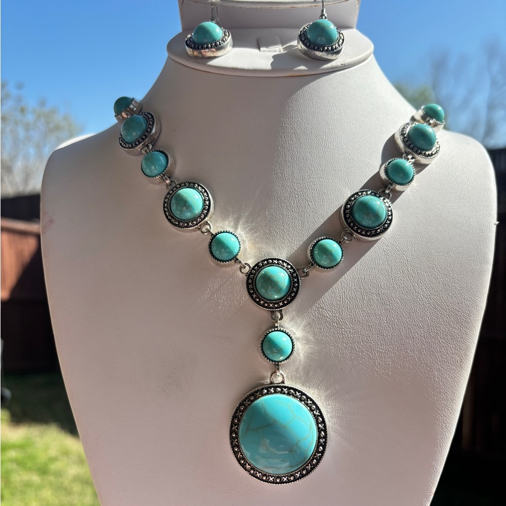Turquoise Stone Silver-Trim Necklace Set - Women Jewelry
